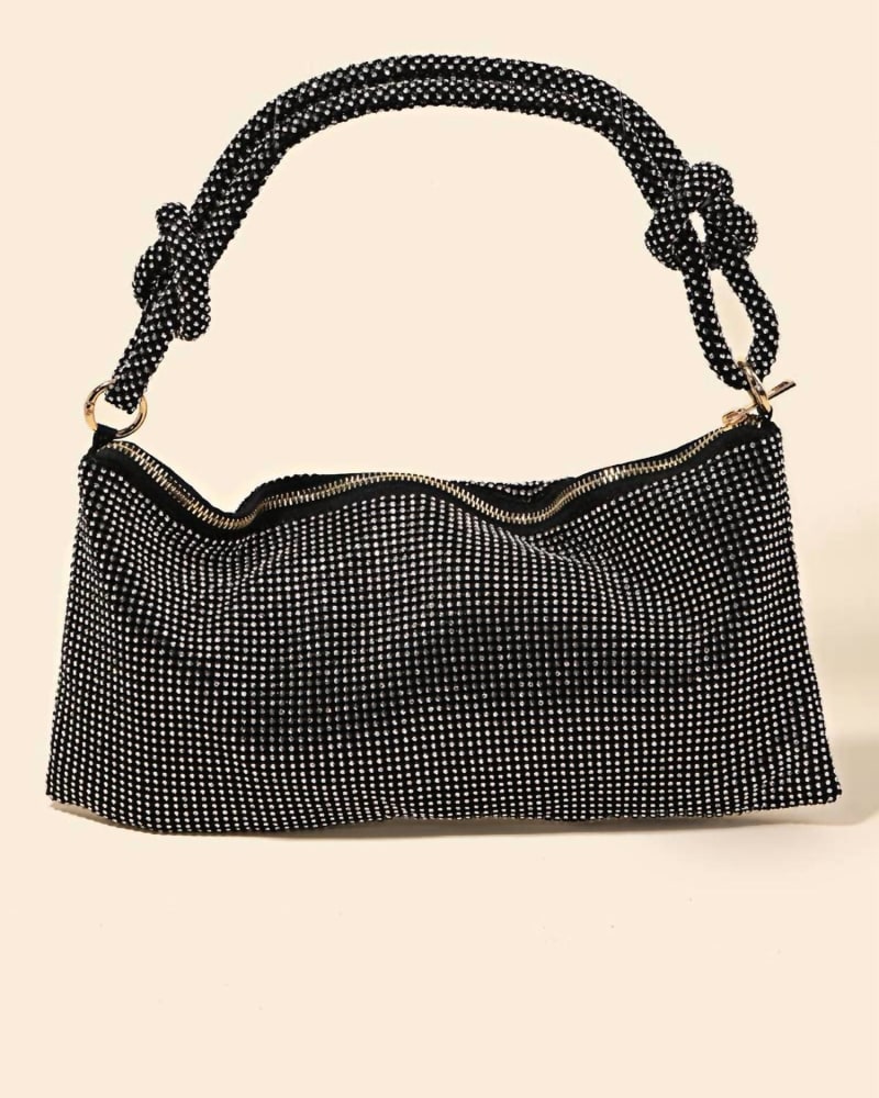Front of a size O/S Women'S Rhinestone Studded Hobo Bag in Black in Black by ANARCHY STREET. | dia_product_style_image_id:343143